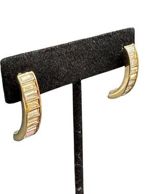 Vintage Gold Tone Pierced Earrings Demi-Hoops Clear Baguettes Rhinestones